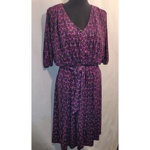 Coldwater Creek Fleur de Lis Dress Purple Multicolor Belted‎ Dolman Sleeve Sz 6